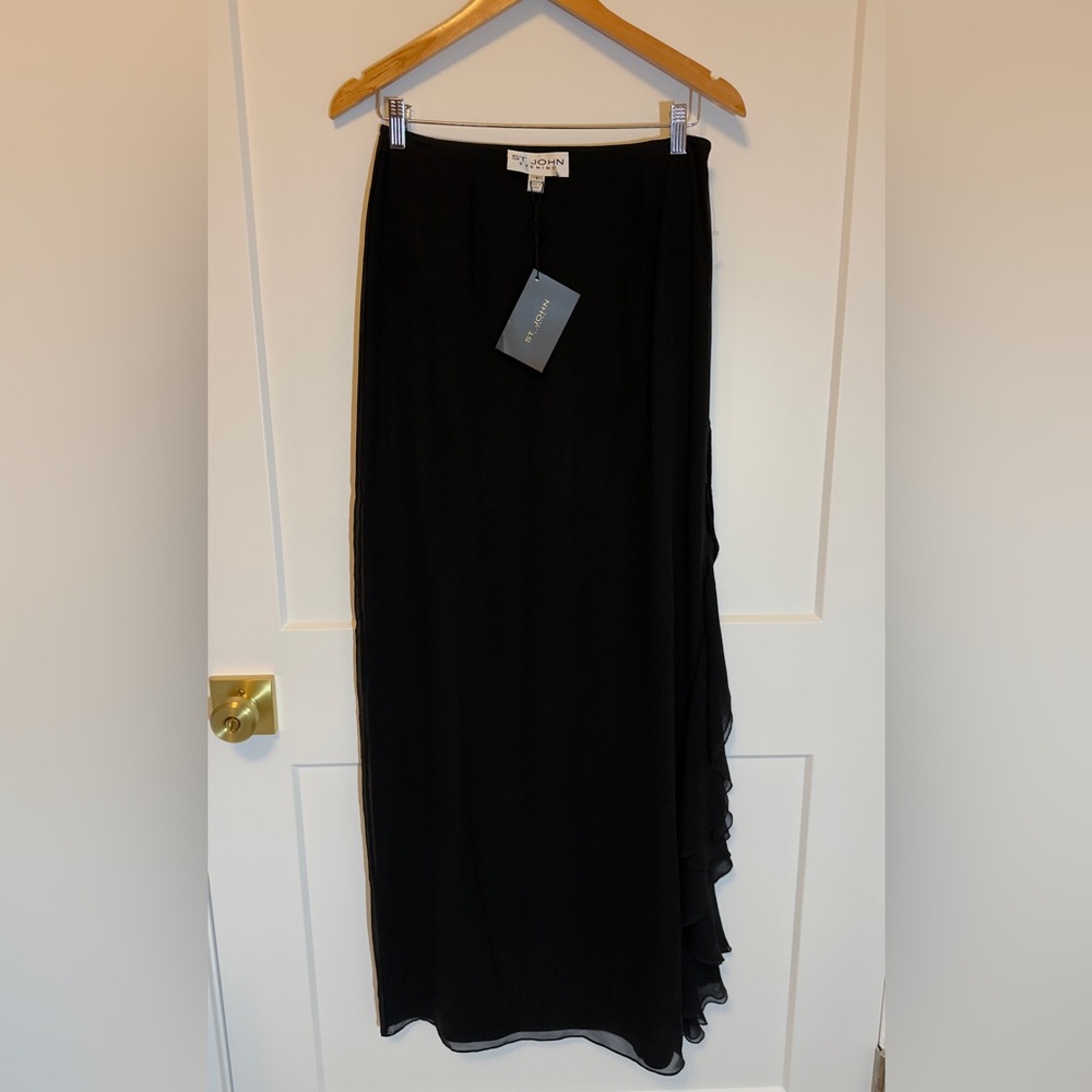 🆕 St. John 100% Silk Black Midi Gathered Ruffle Skirt, New with Tags, Size 6